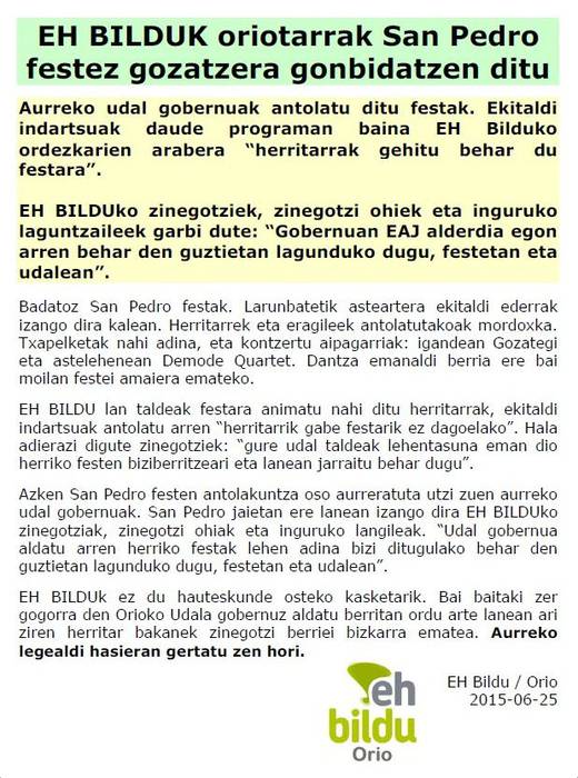 EH BILDUK oriotarrak San Pedro festez gozatzera go
