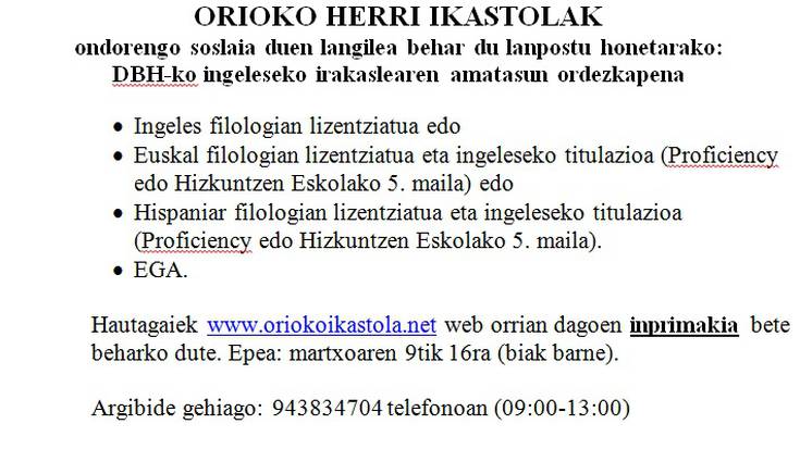 DBHKO INGELESEKO IRAKASLEAREN ORDEZKAPENA EGITEKO DEIALDIA
